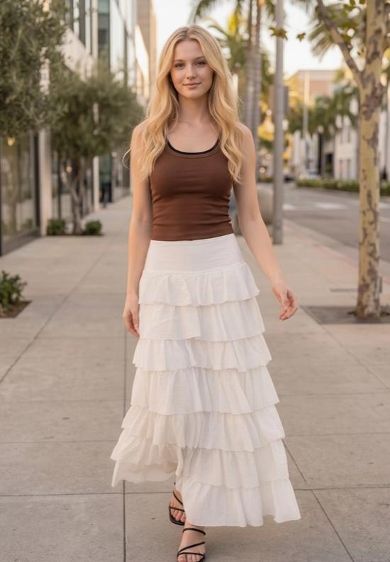 Multiple Tiers of Delicate Maxi Skirt (Off White)
