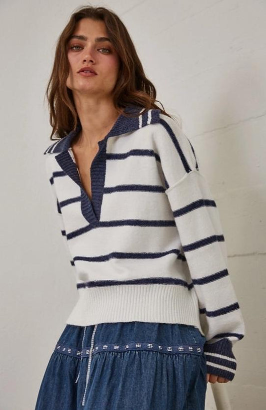 Striped V Neck Collared Soft Sweater (White)