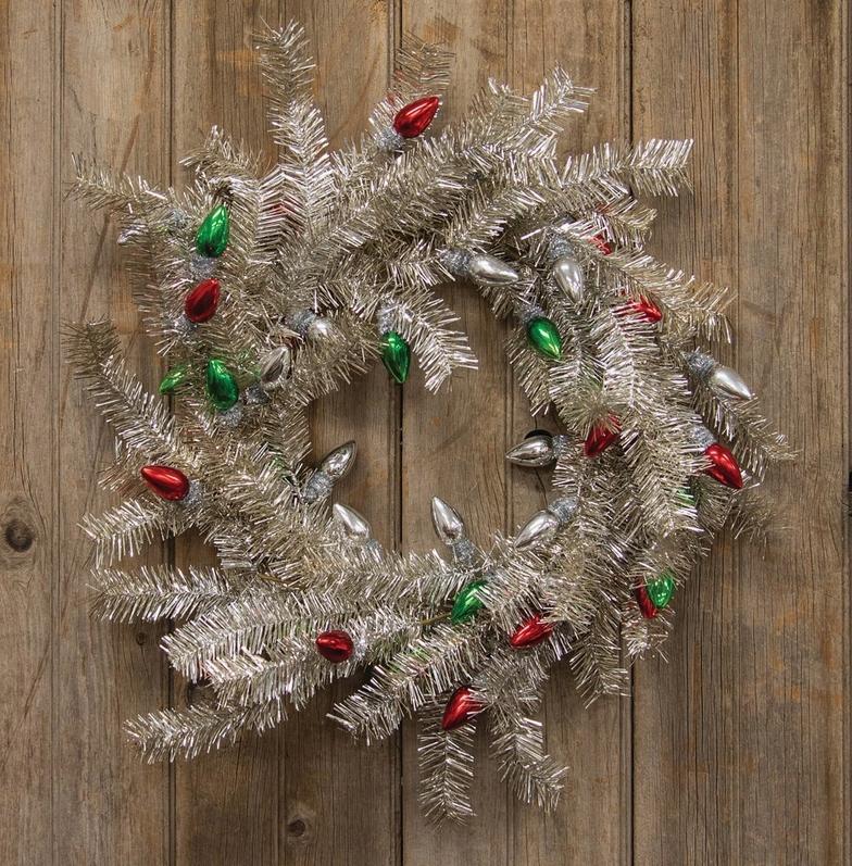 Silver Tinsel & Holiday Bulbs Wreath
