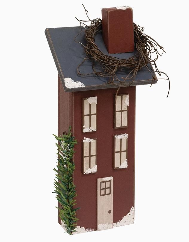Wooden Snowy Red Saltbox House - 11.5"H