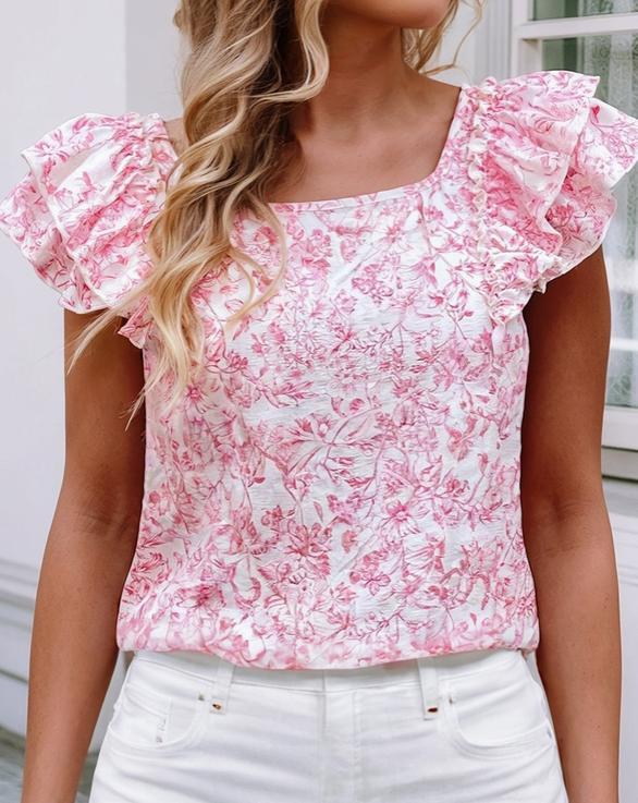 Floral Ruffled Short Sleeve Square Neck Bow Back Blouse (Pink)