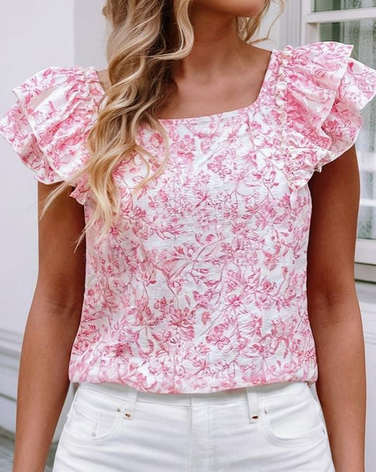 Floral Ruffled Short Sleeve Square Neck Bow Back Blouse (Pink)