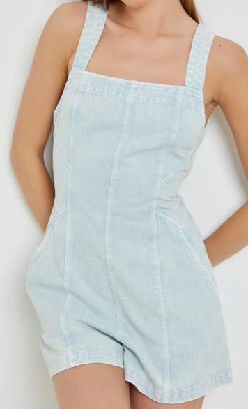 Back Ribbon Denim Romper (Light Denim)