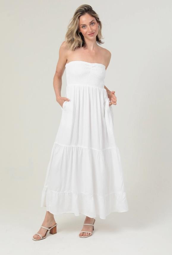 Smocked Sweetheart Bodice Strapless Maxi Dress (White)