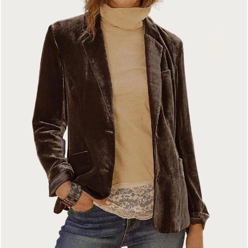 Classic Solid Velvet Collared Neck Long Sleeve Button Blazer (Brown)