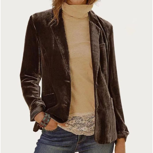 Classic Solid Velvet Collared Neck Long Sleeve Button Blazer (Brown)