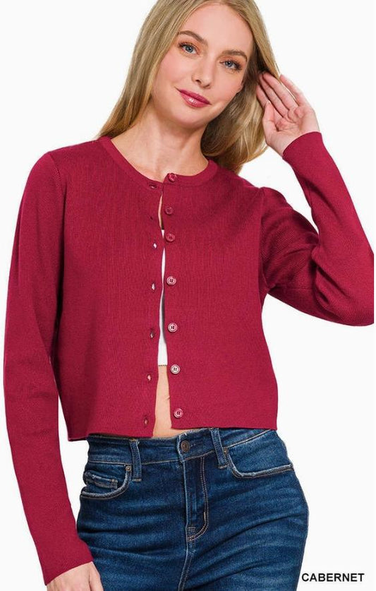 7 Button Crewneck Long Sleeve Cardigan (Cabernet)