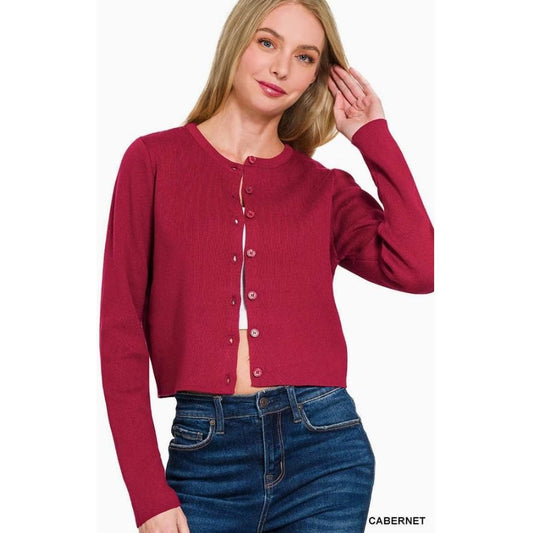7 Button Crewneck Long Sleeve Cardigan (Cabernet)