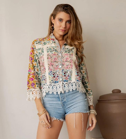 Earthy Boho Button Down Cropped Shirt (Natural)