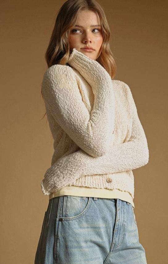 Button Front Sweater Knit Cardigan (Beige)