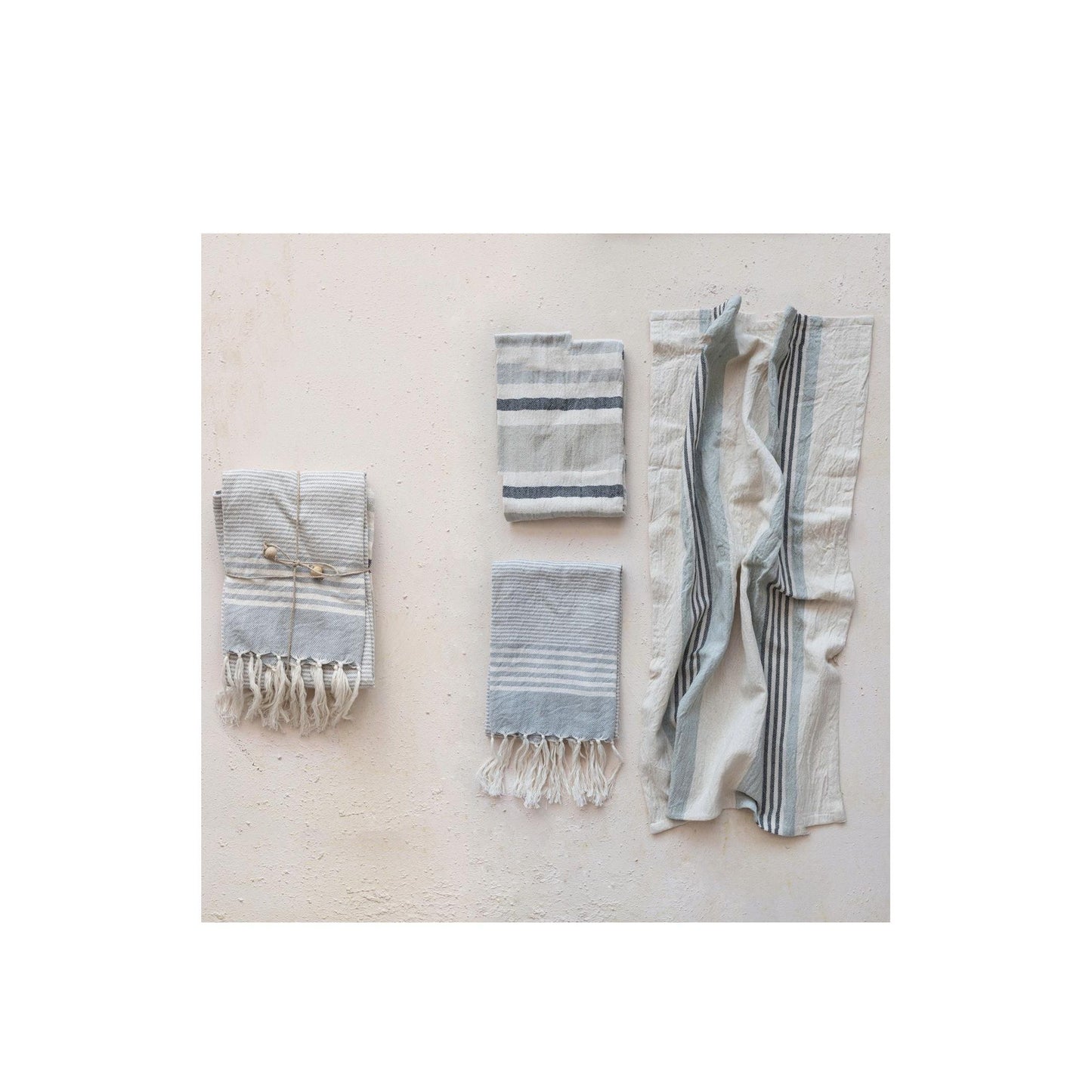 Woven Cotton Tea Towels w/ Stripes, Jute & Wood Bead Tie, 3 Styles, Set of 3
