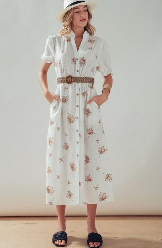 Embroidered Linen Blend Button Front Midi Dress (Ivory)