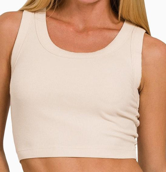 Ribbed Scoop Neck Cropped Tank Top (Sand Beige)