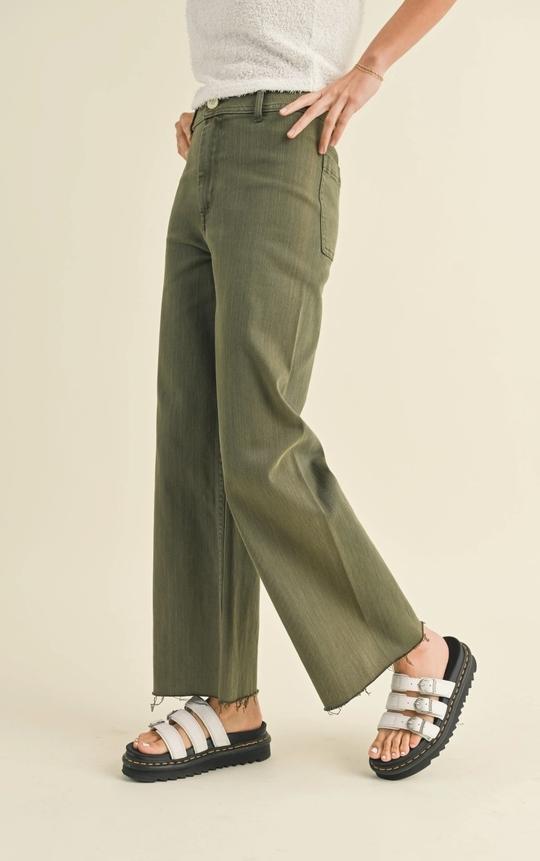Straight Wide Leg Denim Pants (Fade Olive)