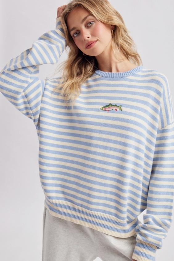 Striped Fish Coastal Graphic Crew Neck Sweater