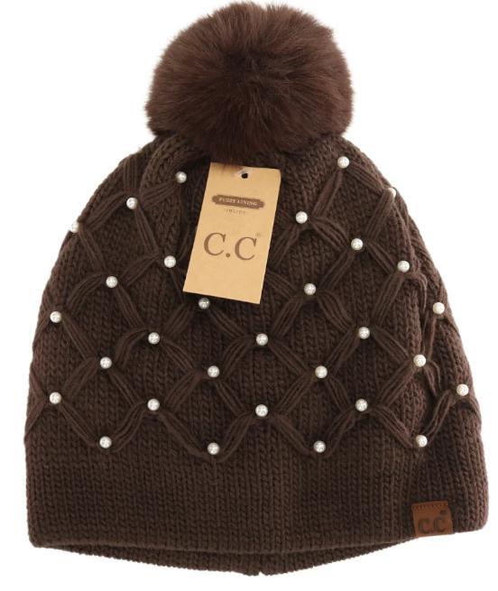 Allover Pearl Crochet C.C Faux Fur Pom Beanie