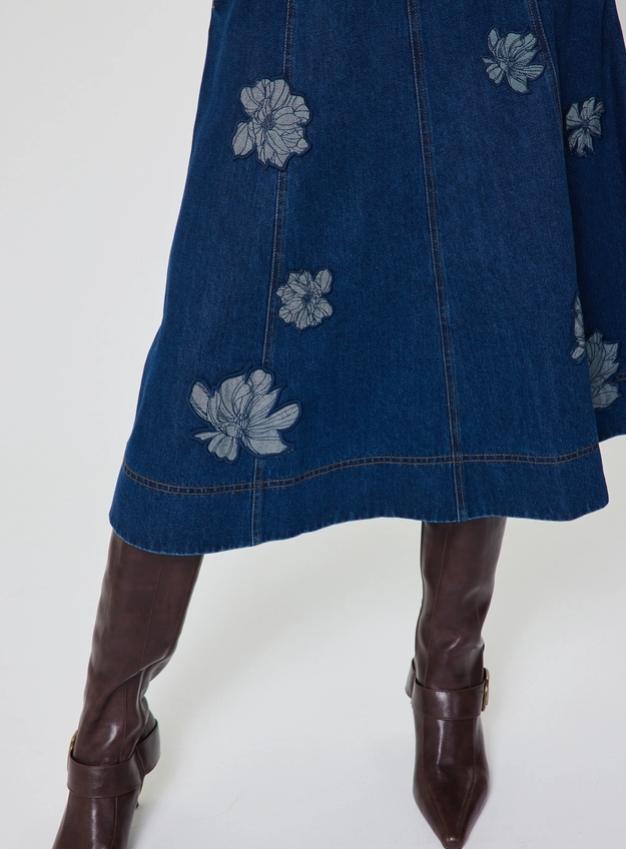 Floral Embroidery Patch Denim Midi Skirt (Denim)