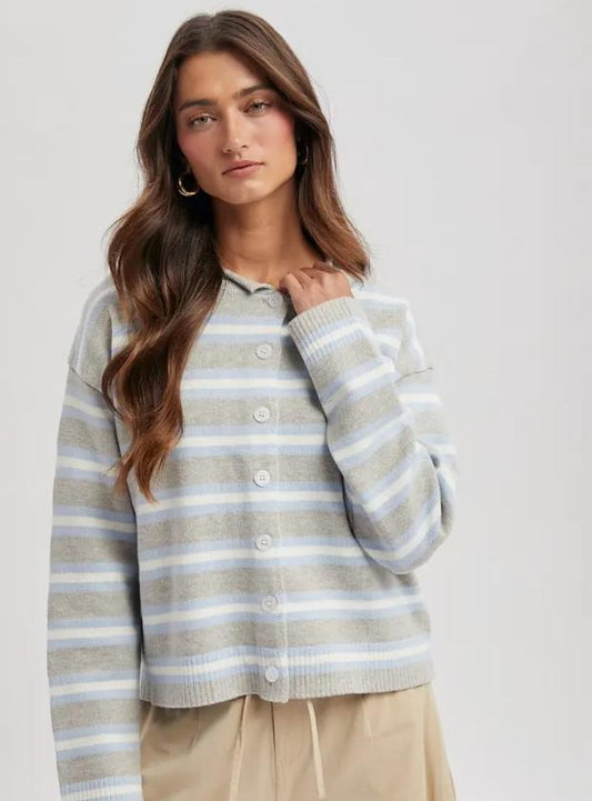 Multi-Striped Button-Up Sweater Cardigan (H. Grey Combo)