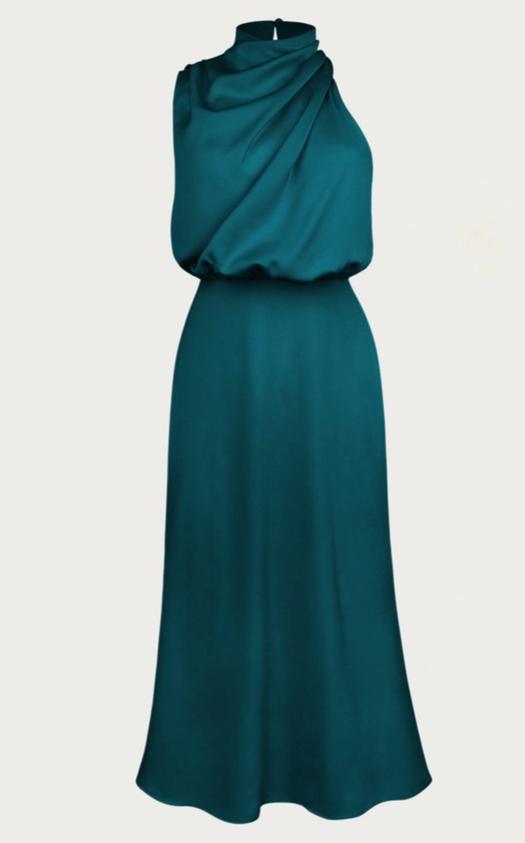 One-Shoulder Halter Formal Midi Dress (Peacock Blue)