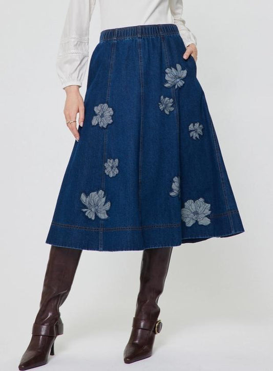 Floral Embroidery Patch Denim Midi Skirt (Denim)