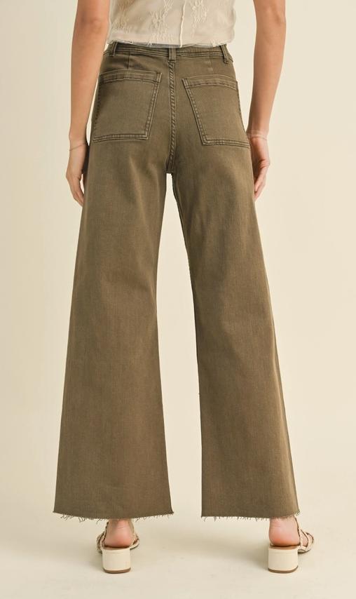 Straight Wide Leg Pants with Front Pocket (Washed Brown)