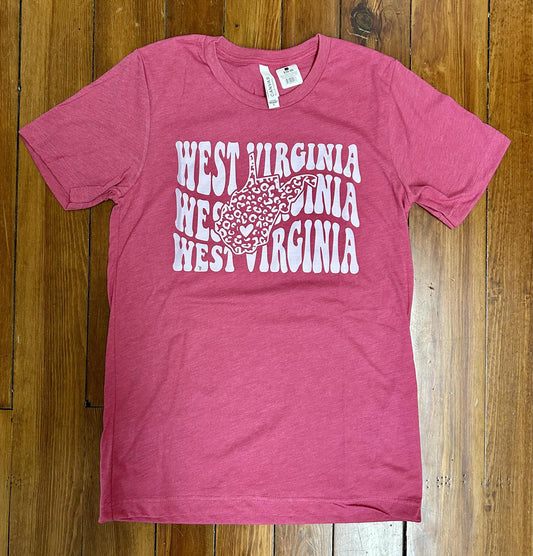 West Virginia Shirt Stacked West Virginia Leopard Map (Heather Raspberry)