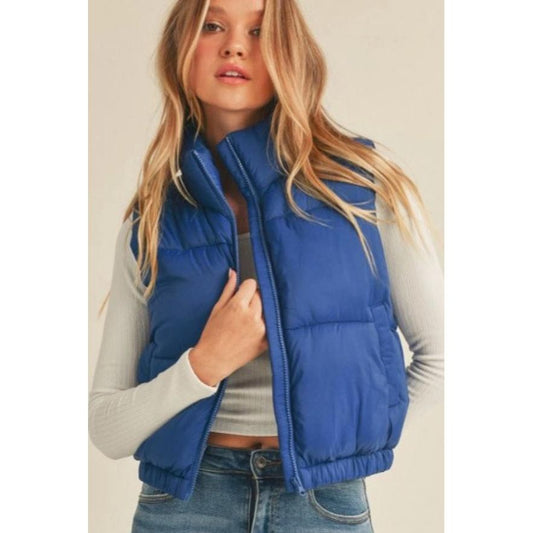 Nylon High Neck Faux Down Puffer Vest (Marine)
