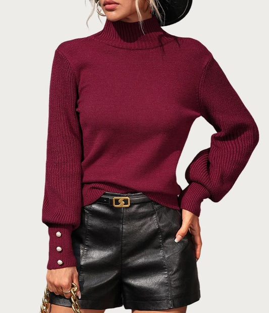 Basic But Chic Mock Neck Balloon Sleeve Knit Sweater (Burgundy)