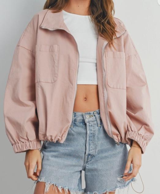 Dual Pocket Zipper Drawstring Hem Jacket (Mauve)