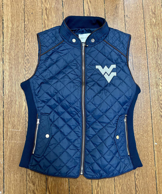 Suede Piping Detail West Virginia Rib Quilted Padding Vest (Navy)