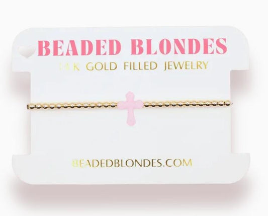 Beaded Blondes Pink Cross Bracelet On Gold