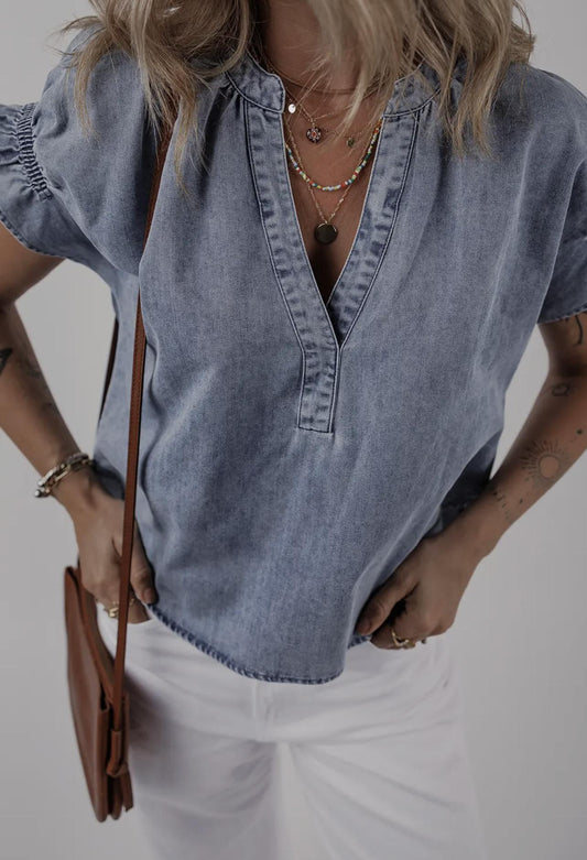 Ruffled Short Puff Sleeve Denim Top