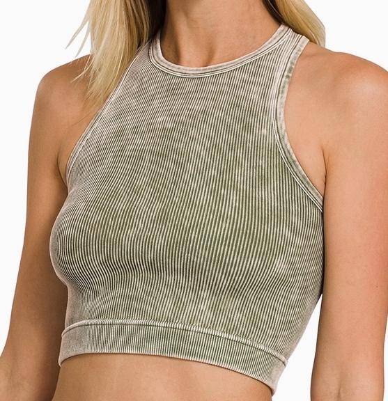 High-Neck Racerback Washed Ribbed Crop Tank (Ash Olive)
