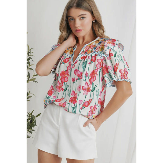 Floral Print Striped Detail Split Neck Blouse