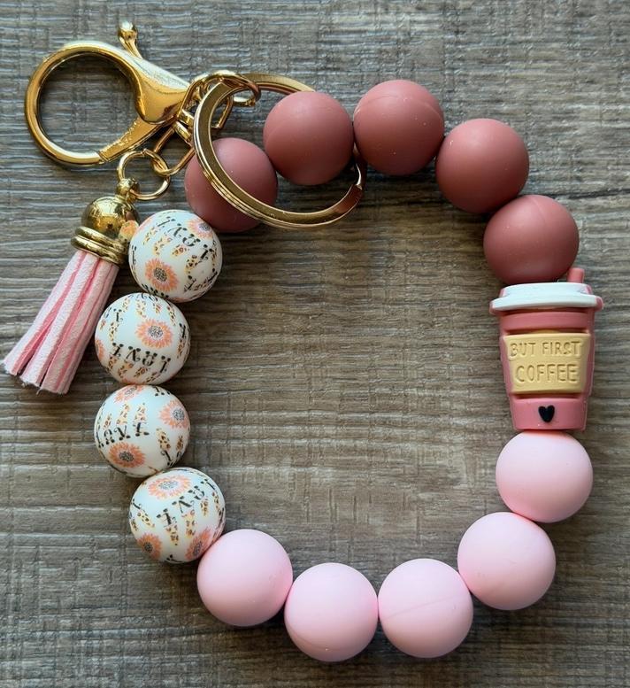 But First Coffee Silicone Bead Wristlet Keychain