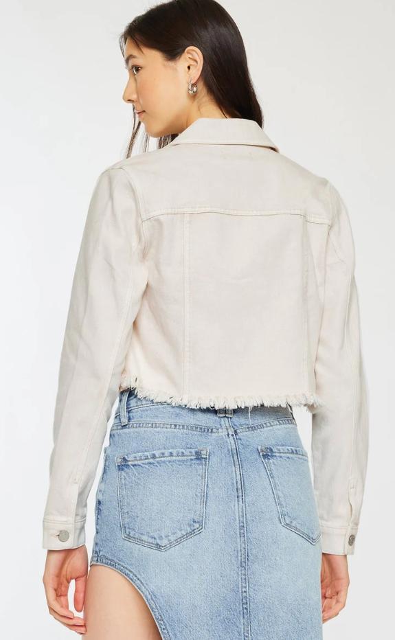 KanCan Ellie Cropped Denim Jacket – Ecru Frayed Hem Stretch