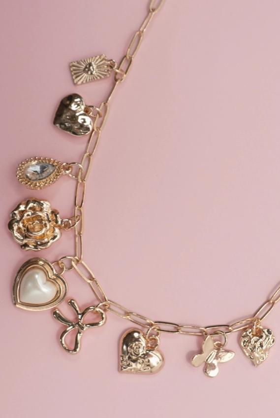 Charm Necklace-Bow Heart Rhinestone Flower