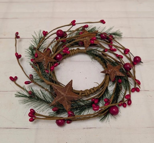 Feather Pine, Red Pip Berries and Rusty Stars Candle Ring