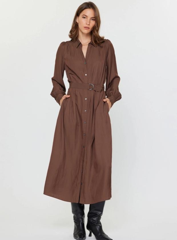 Button Down Midi Shirt Dress (Cocoa)