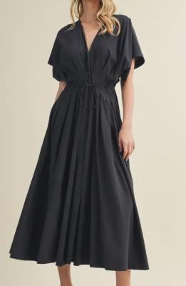 Drawstring Waist Dolman Sleeve Dress (Midnight)