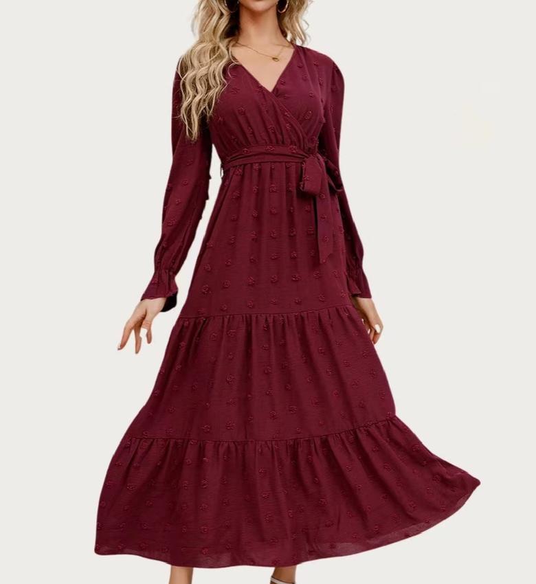 Classic Swiss Dot Surplice Neck Long Sleeve Maxi Dress (Burgundy)