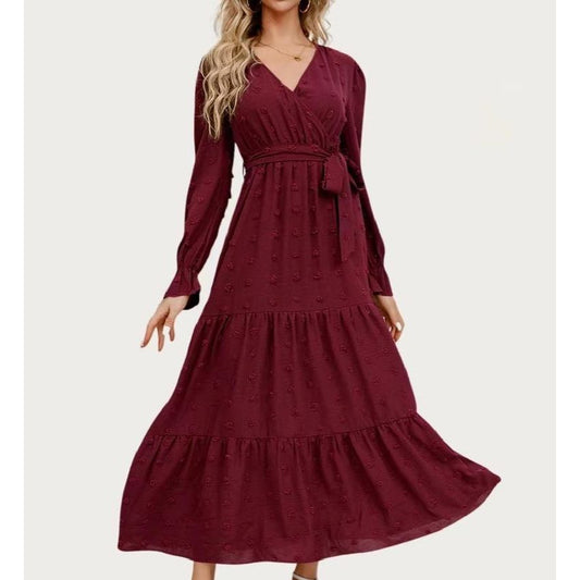 Classic Swiss Dot Surplice Neck Long Sleeve Maxi Dress (Burgundy)