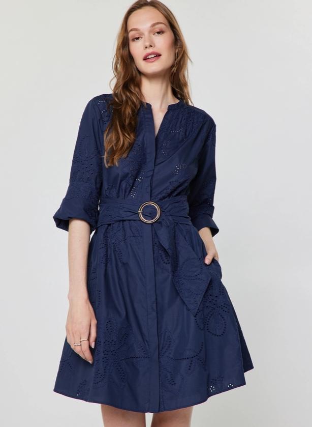 Eyelet Embroidered Belted Mini Dress (Navy)