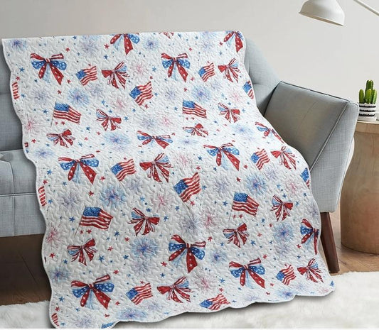 "Patriotic Bows" Quilted Throw Blanket 50"x60"