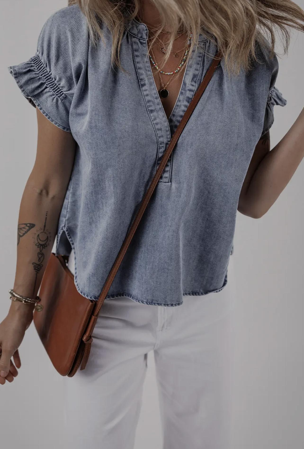 Ruffled Short Puff Sleeve Denim Top