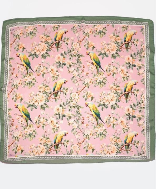 Floral Bird Print Silky Feel Bandana Scarf