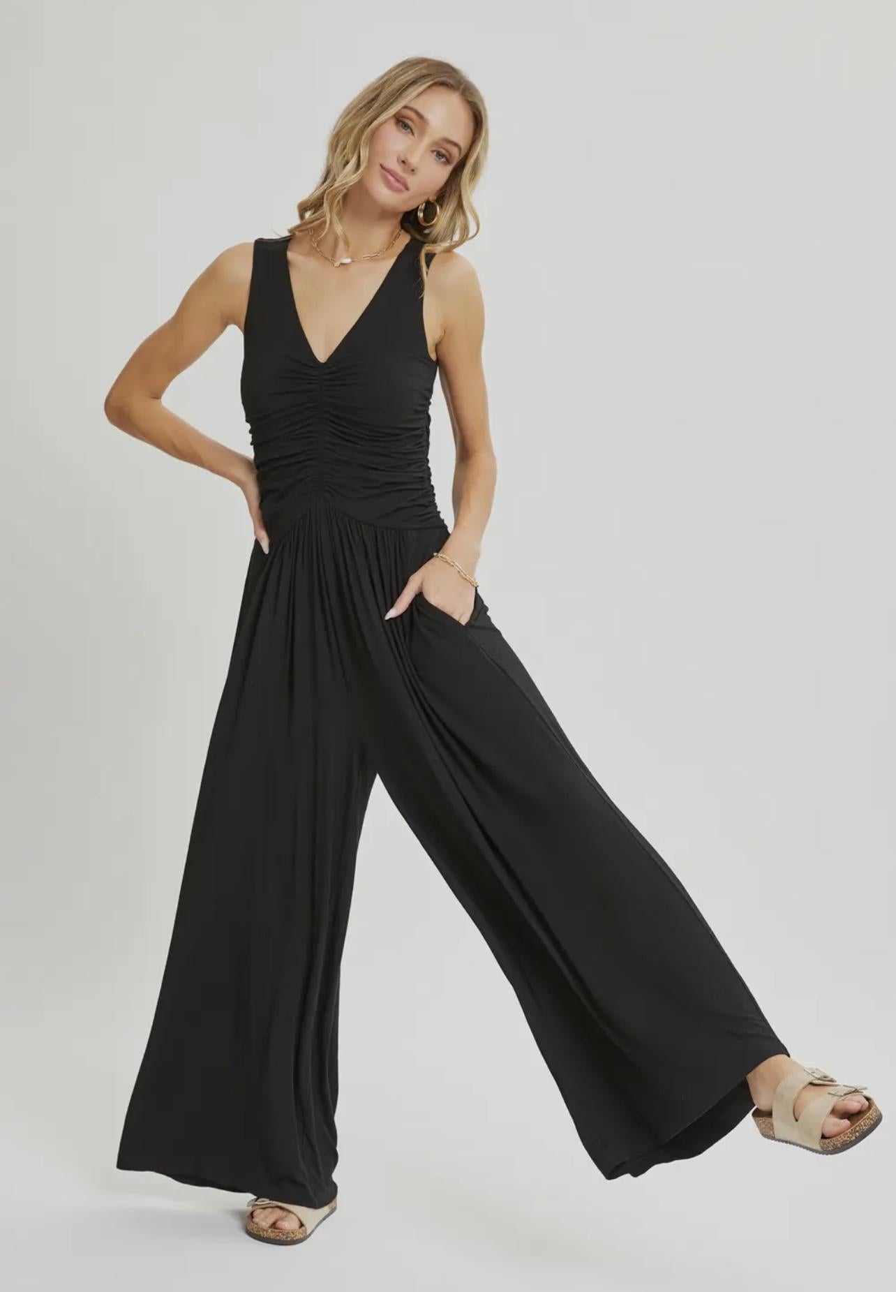 Ruched Sleeveless Jumpsuit (Black)