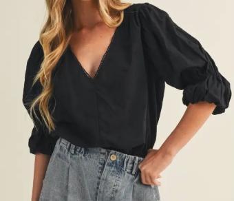 Tiered Flounce Embroidered Poplin Bodysuit (Black)