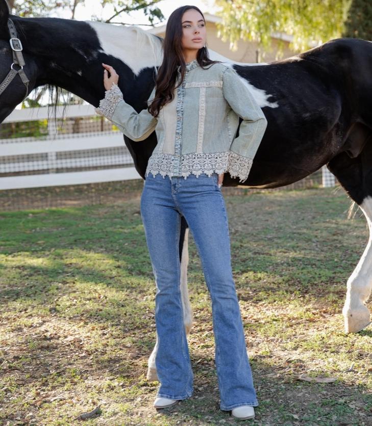 Boho Western Lace Trim Denim Button-Down Front Top (Latte)