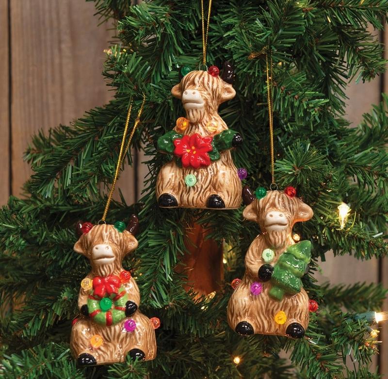 Ceramic Light Up Merry Highland Ornament 3 Assorted
